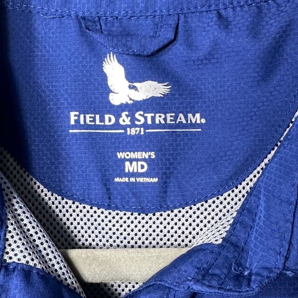 Field & Stream Shirt Women MD Blue Vented Roll Tab Fishing Zip Pocket Short SL - Picture 7 of 11